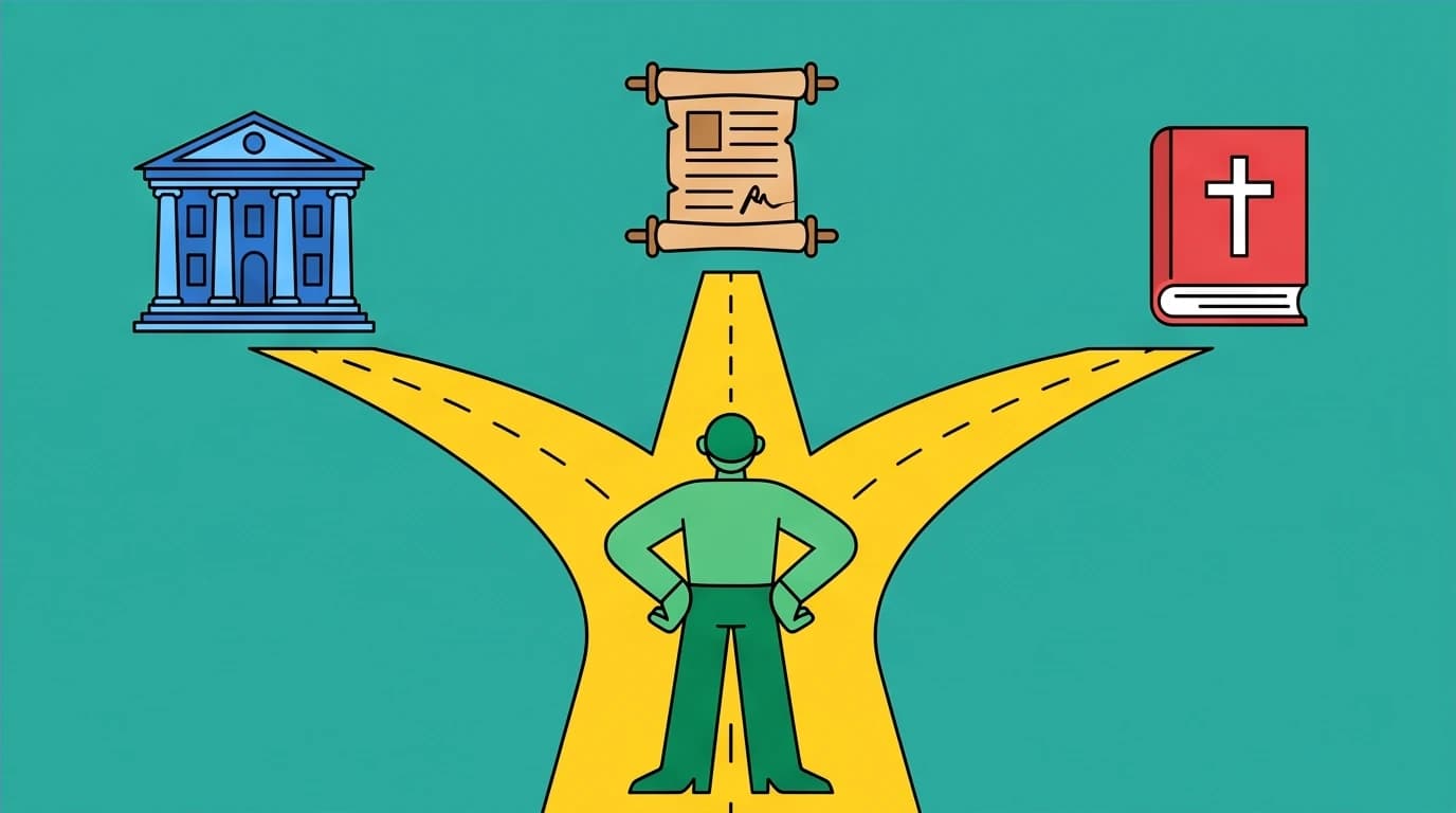 An illustration showing a reader choosing a path to start reading Dinesh D'Souza books, based on topics like history, politics, or religion.