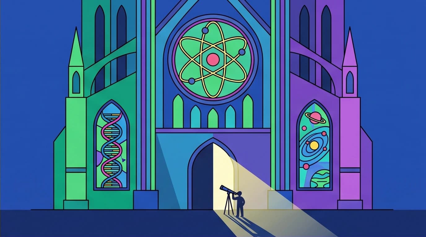 Illustration of a cathedral with scientific symbols in its windows, representing the Dinesh D'Souza faith argument that Christianity birthed modern science.