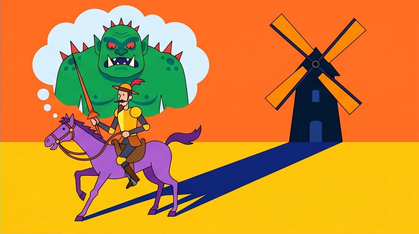 An illustration of Don Quixote psychology, where his perception of a giant casts the shadow of a windmill, visualizing extreme cognitive bias.