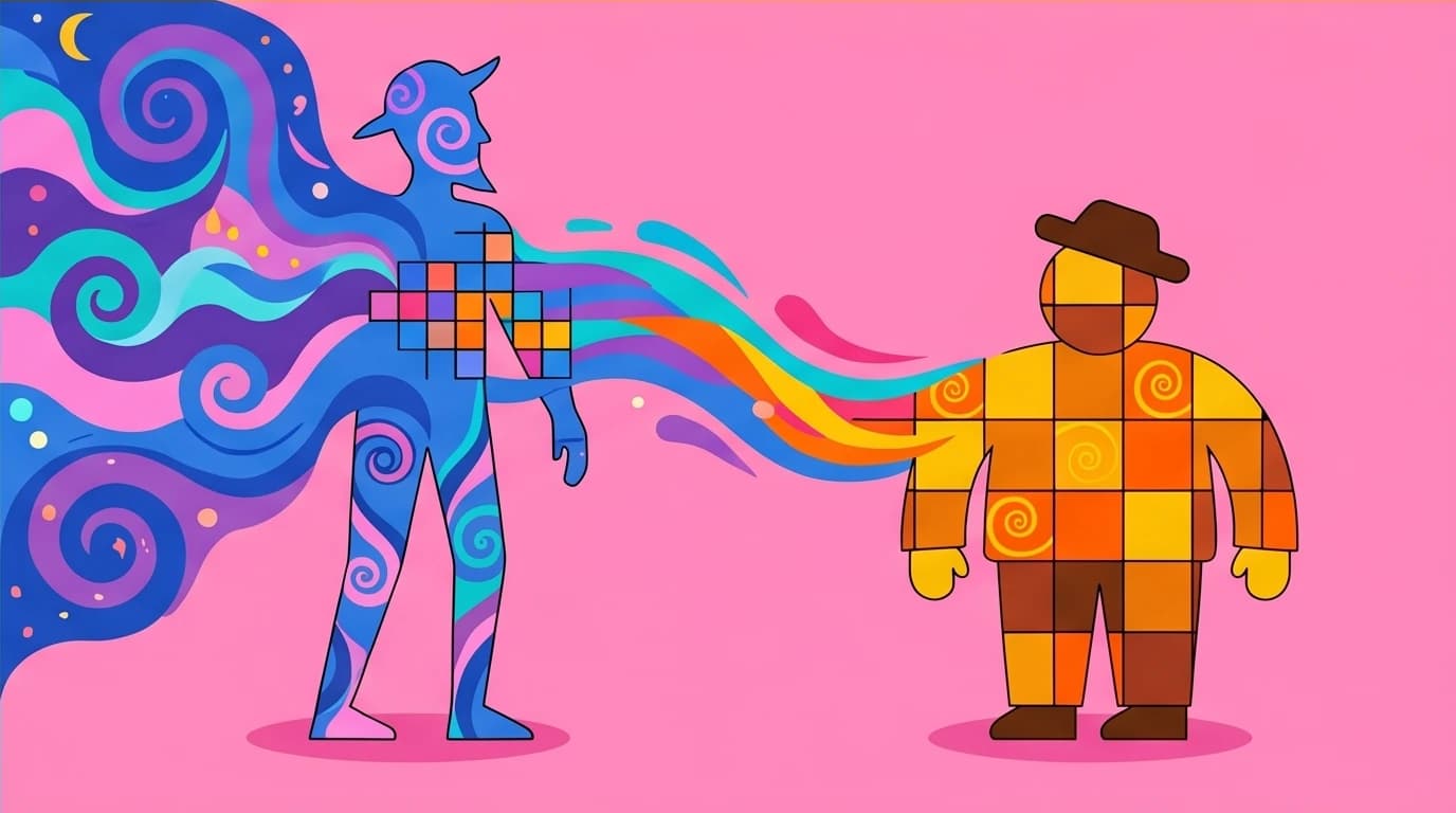An abstract illustration showing the personalities of Don Quixote and Sancho Panza merging, representing the concept of psychological assimilation.