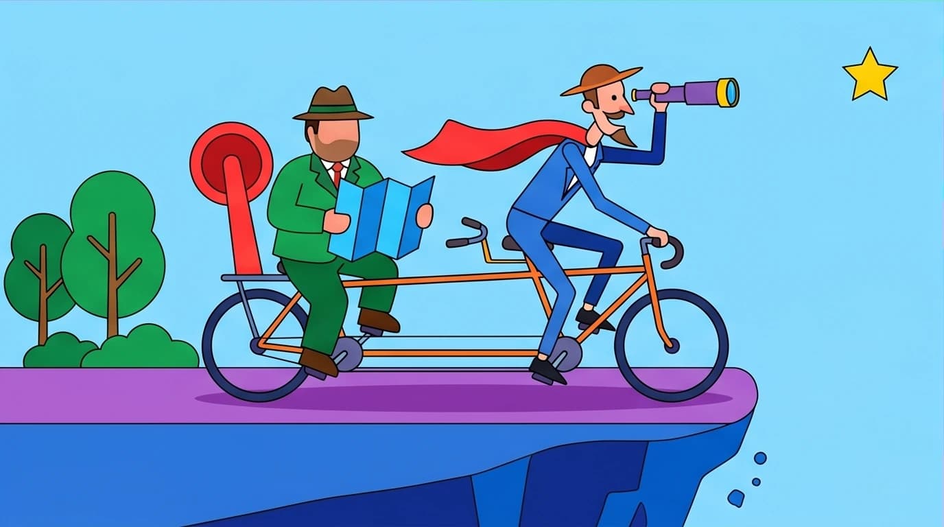 Depiction of the Don Quixote and Sancho Panza relationship as a visionary and pragmatist on a tandem bike, balancing ambition and execution.