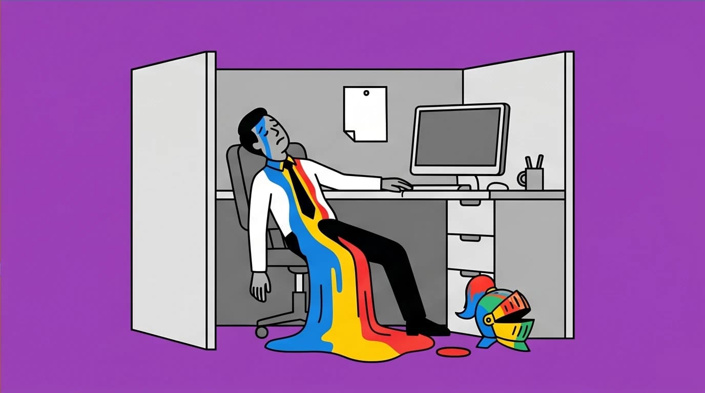 A figure losing their color in a grey office, symbolizing the spiritual danger of being 'cured' of dreams, a core meaning in Don Quixote.