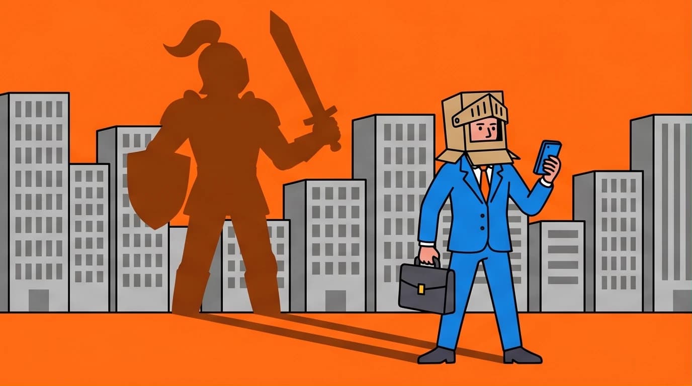 An illustration of a modern dreamer wearing a knight's helmet, applying Don Quixote life lessons to find purpose in a cynical corporate world.