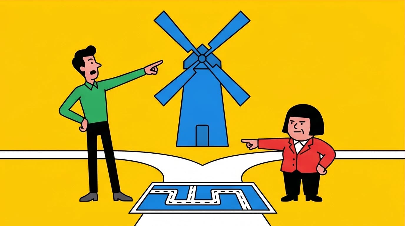 A visionary points at a windmill giant while a realist consults a map, showing the Don Quixote lesson on balancing idealism vs realism.