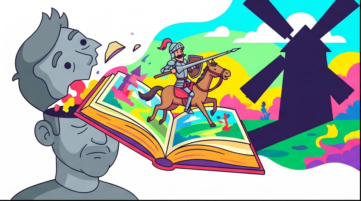 An illustration summarizing Don Quixote's theme of idealism vs. realism, showing a man's head as a book from which a knight emerges.