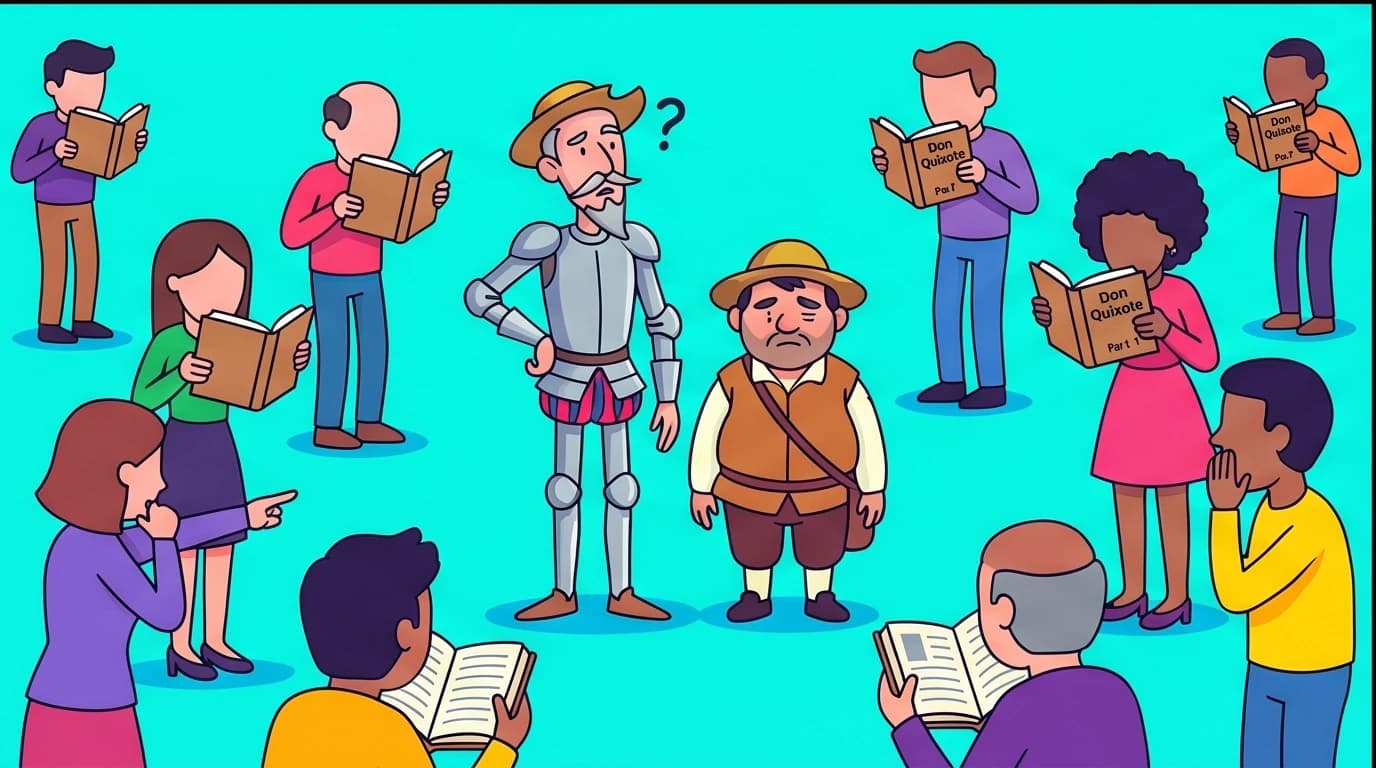 A visual metaphor for the meta-fiction in Don Quixote Part 2, showing characters reading the novel about the hero they are interacting with.