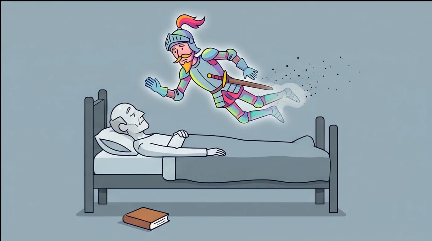 An image depicting Don Quixote's tragic return to sanity, showing the colorful idealist knight fading away from the frail old man Alonso Quixano.