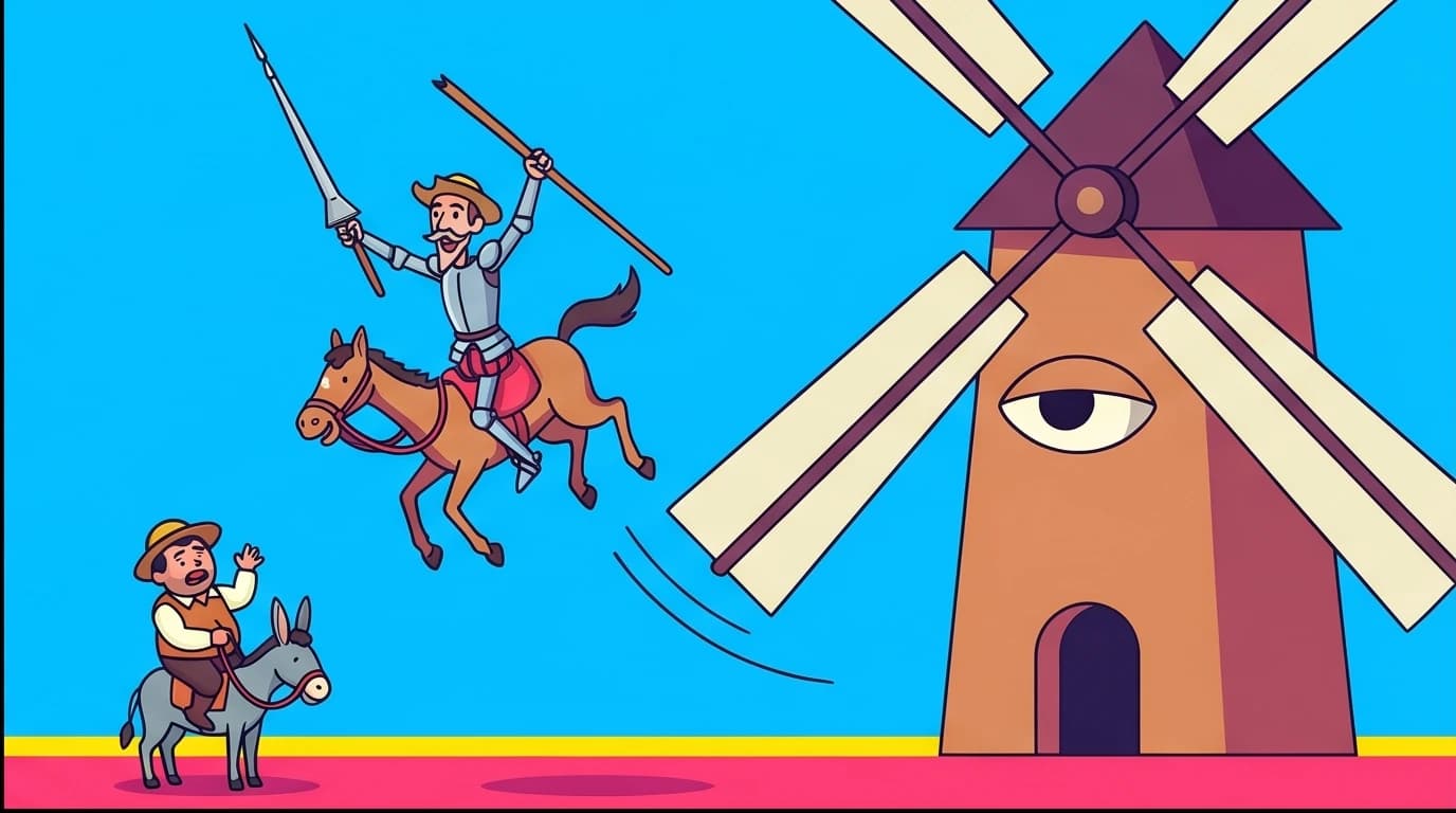 Illustration of the famous 'tilting at windmills' scene from Don Quixote, where the knight comically charges what he believes are giants.