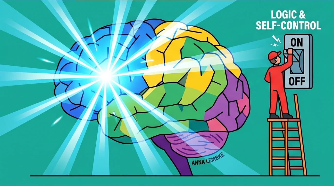 Visualizing Anna Lembke's truth-telling concept, where honesty activates the brain's prefrontal cortex, acting as a biological reset button.