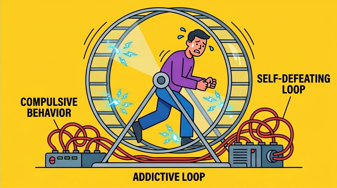 A character trapped in an endless loop, illustrating how deception creates a secondary dopamine addiction that fuels compulsive behaviors.