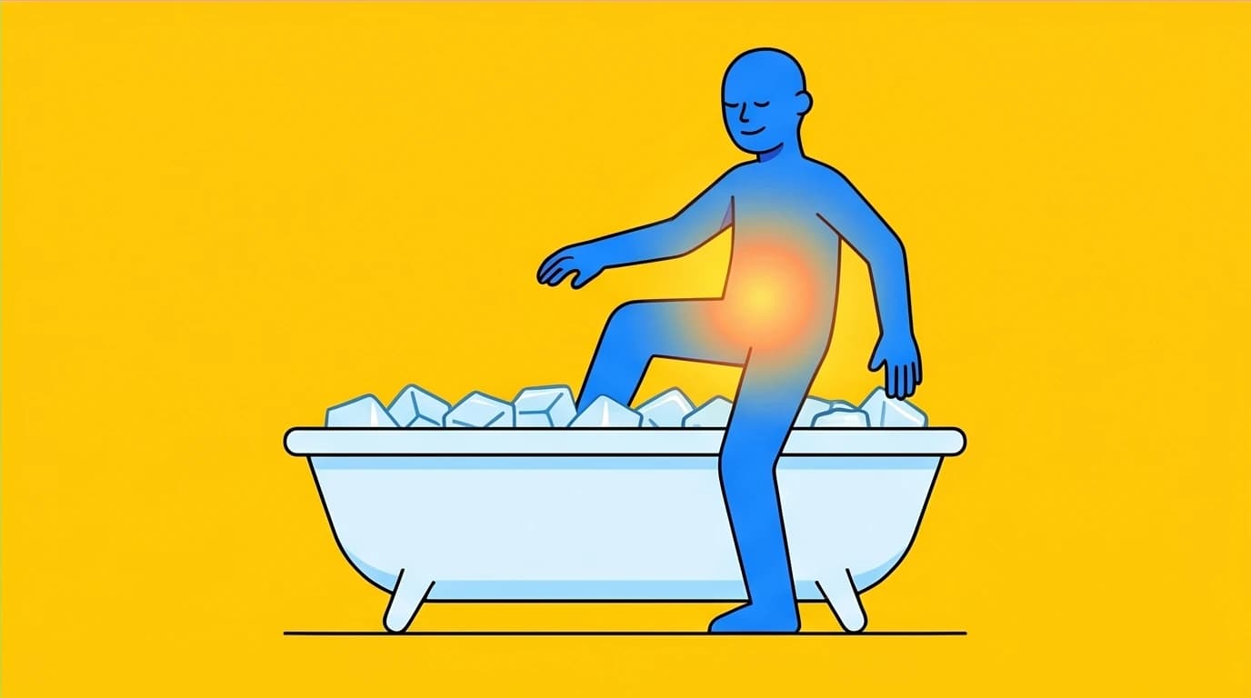 An illustration of a character in a cold plunge, showing the concept of hormesis and pursuing beneficial pain to reset dopamine, a key takeaway from 'Dopamine Nation'.