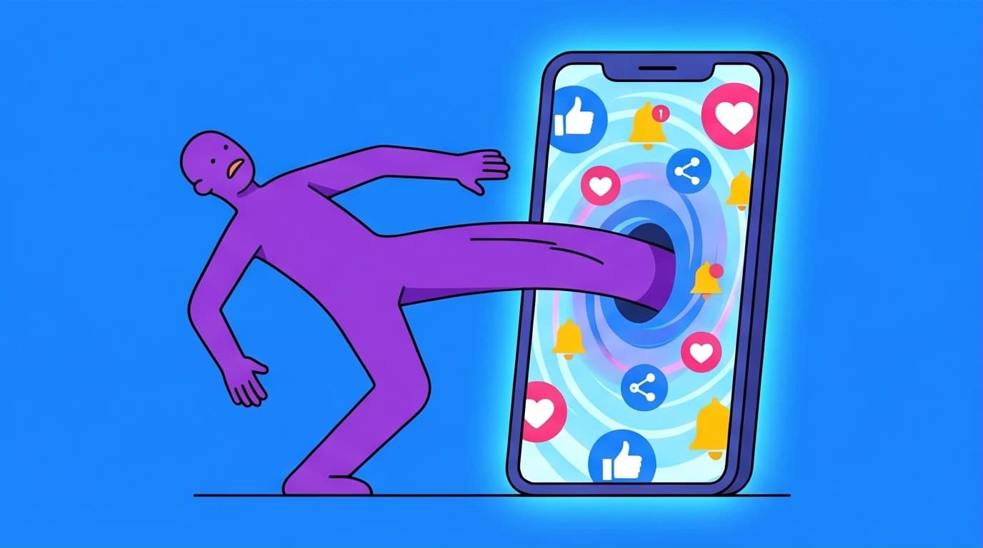 Illustration of a person pulled into a smartphone, symbolizing the cheap pleasure and dopamine trap discussed in Dr. Anna Lembke's 'Dopamine Nation'.