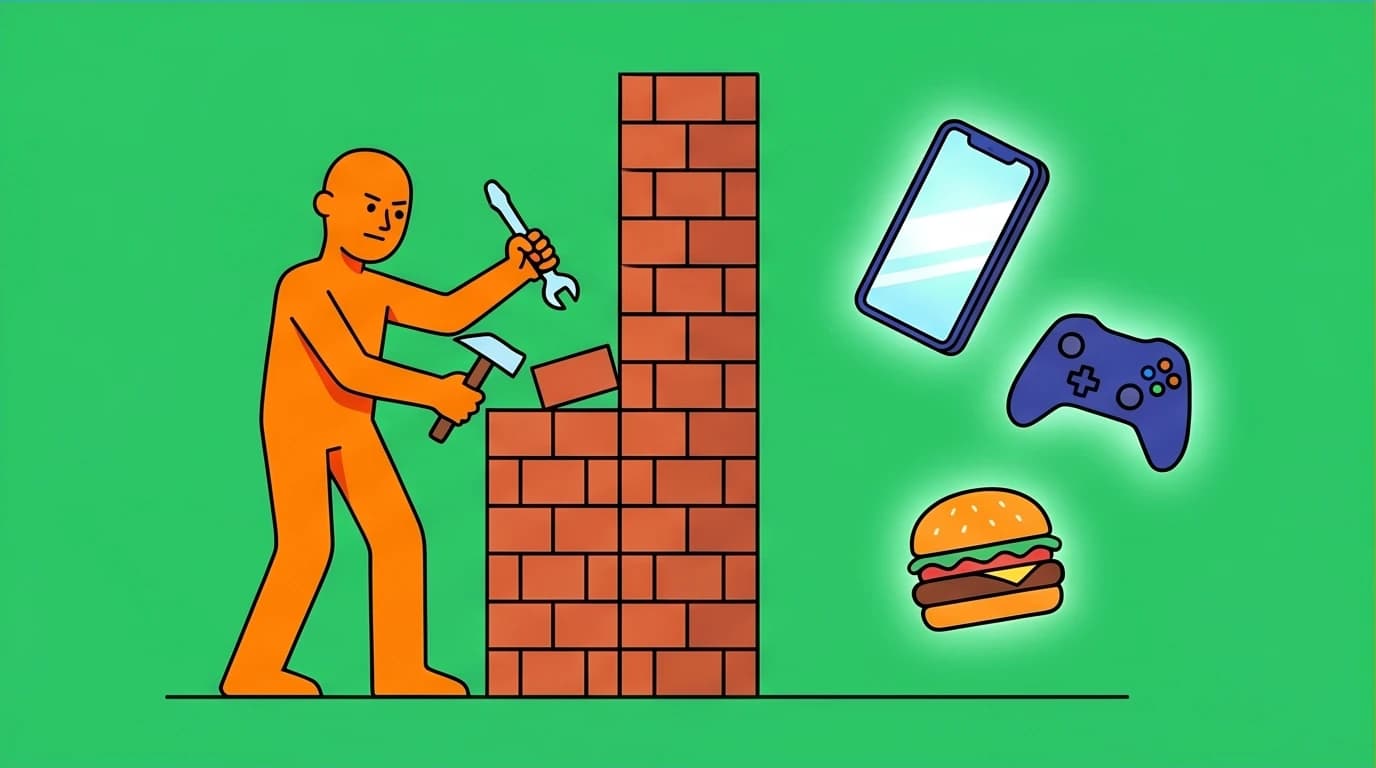 A person building a wall against digital distractions, representing the 'Self-Binding' strategy for overcoming addiction from the 'Dopamine Nation' summary.