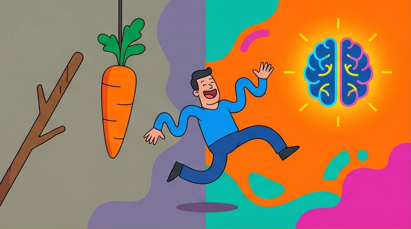 An illustration for the Drive Daniel Pink summary showing a professional leaving a carrot and stick for intrinsic motivation like autonomy and purpose.