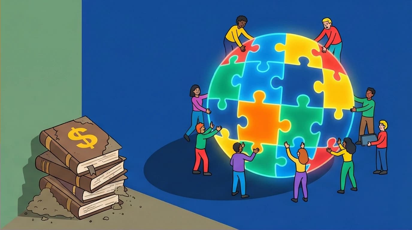 A visual metaphor from Daniel Pink's Drive showing the failure of extrinsic rewards, with a collaborative puzzle eclipsing a stack of paid encyclopedias.