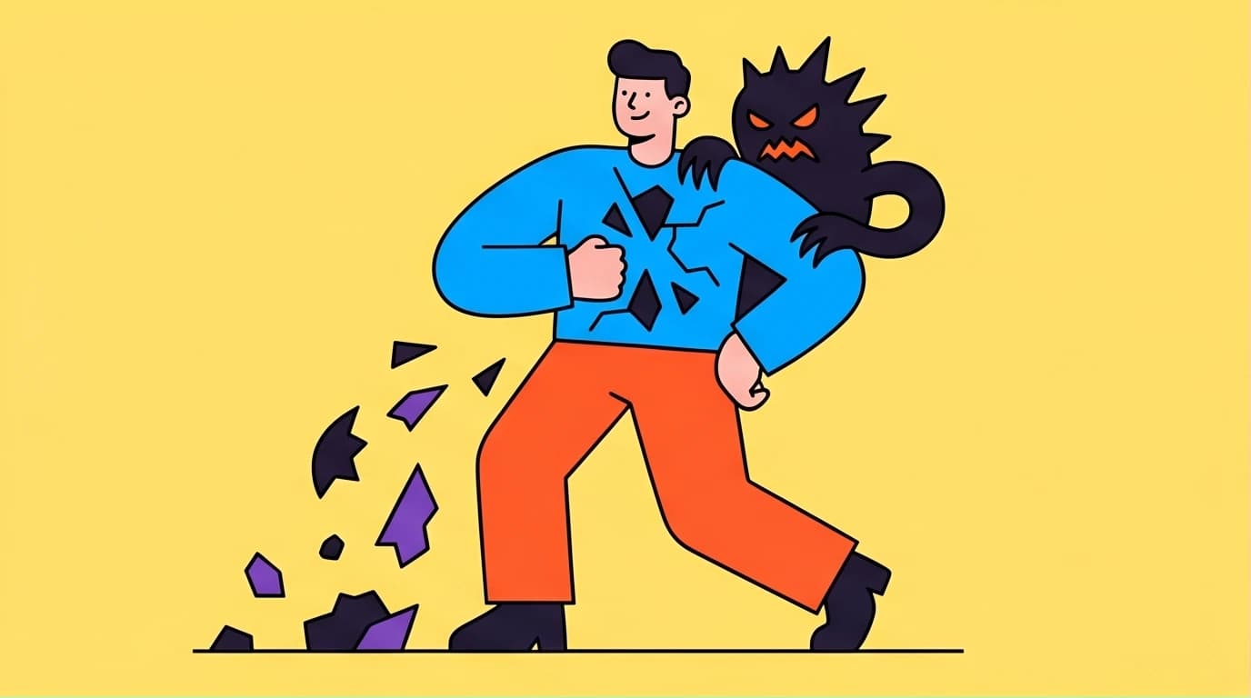 An illustration of a person breaking free from the Eckhart Tolle pain body, shattering the dark shadow of emotional trauma with presence.