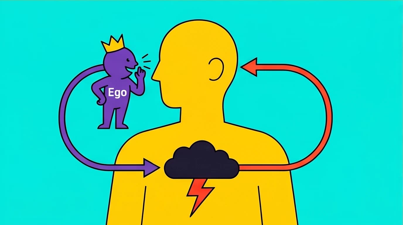 Diagram showing the symbiotic loop between the ego, mind, and the Eckhart Tolle pain body, which traps a person in emotional trauma.