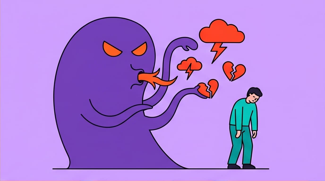 A conceptual image showing the Eckhart Tolle pain body as a shadow entity feeding on a person's negative emotional energy and trauma.