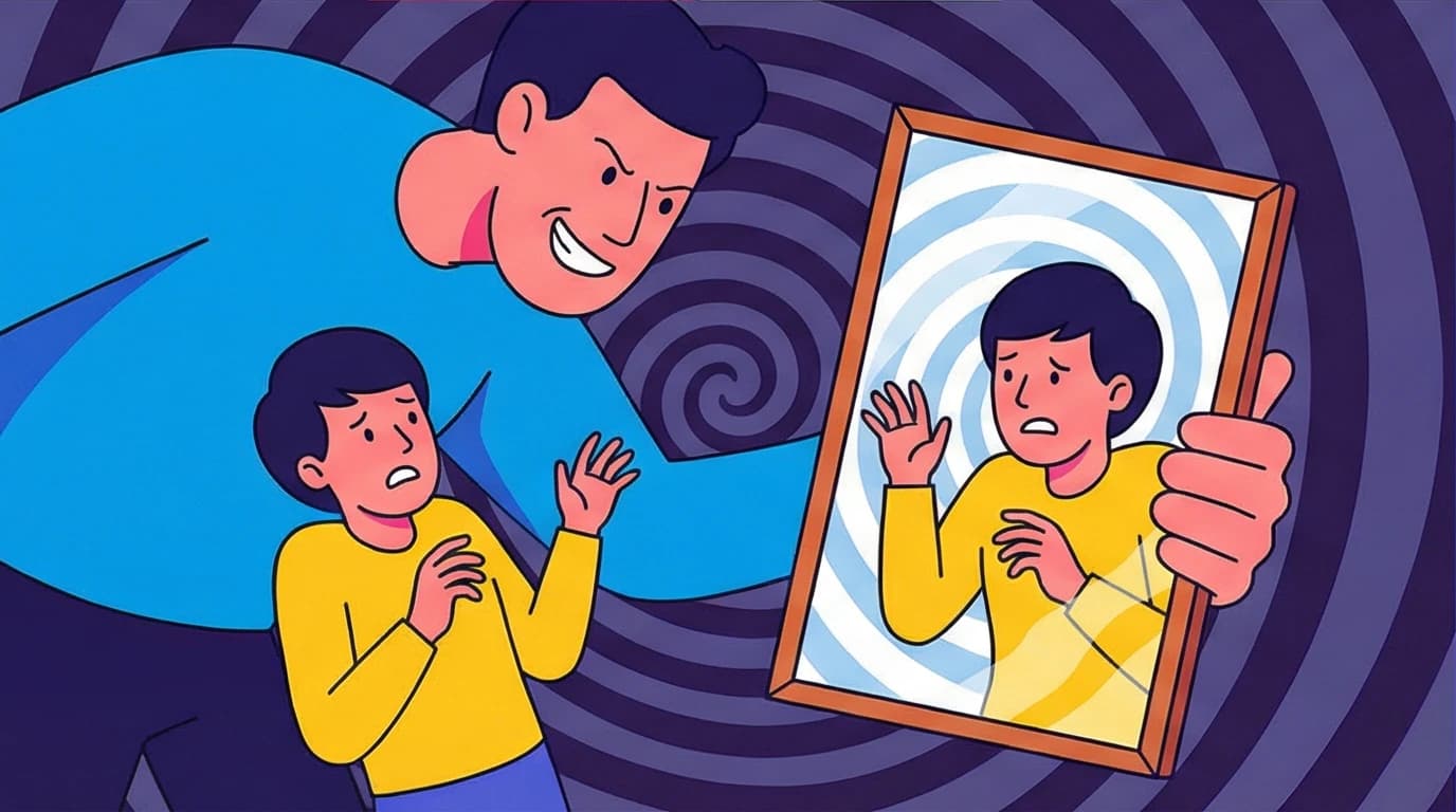 An illustration depicting family trauma and gaslighting for a book club discussion on Educated, with a character's reality being distorted by another's influence.