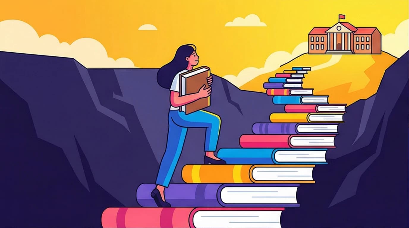 An illustration for Educated book club questions showing a woman using books to escape a dark past, symbolizing the power of education over family trauma.