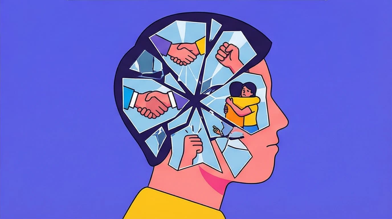 A conceptual image for Educated book club questions about memory, showing a head filled with fragmented, conflicting memories as shattered glass pieces.