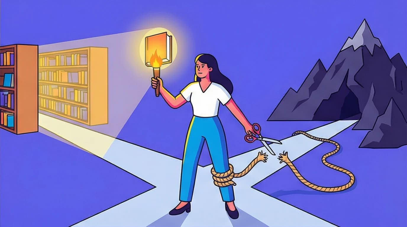 A visual exploring the theme of education in Tara Westover's Educated, where a glowing book acts as both a light and a tool to sever difficult family ties.