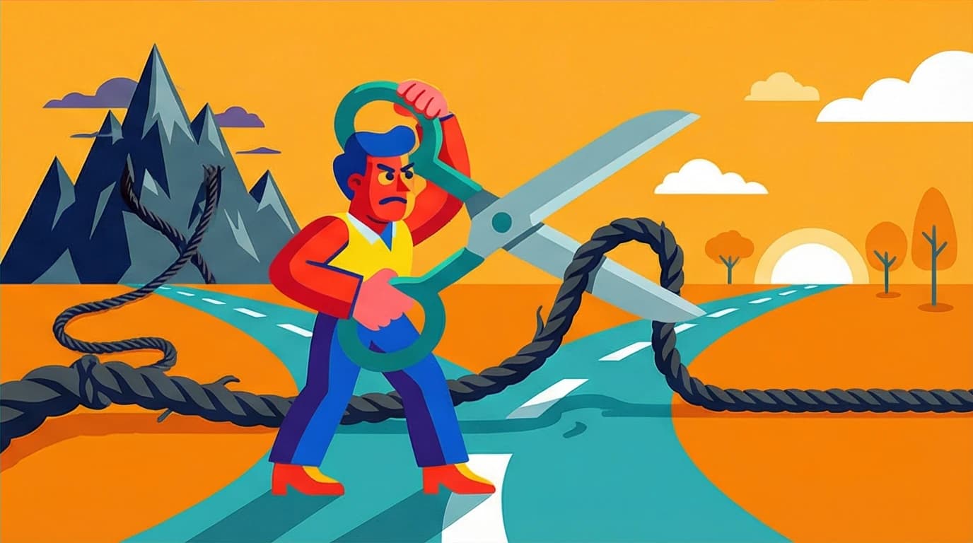 A character cuts a rope to a dark mountain, symbolizing escaping family trauma with wisdom from Tara Westover's Educated quotes.