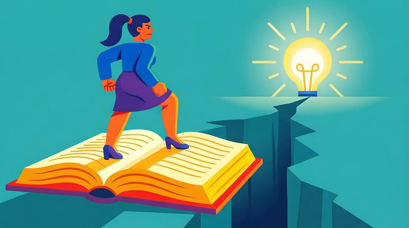 Illustration of a woman on a giant book, symbolizing the power of learning and self-invention from Educated Tara Westover quotes.