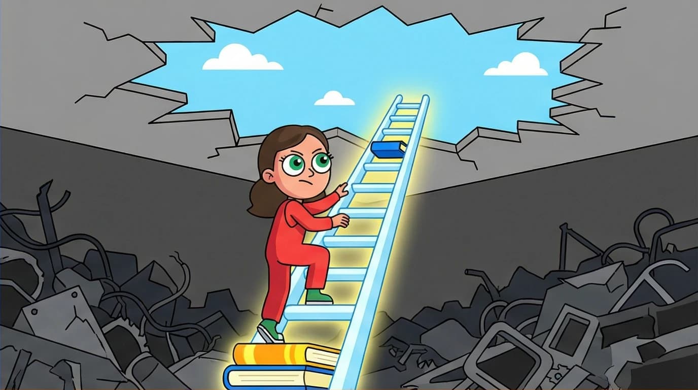Illustration for the Educated book summary depicting education as an escape, with a character climbing a ladder of books out of a restrictive junkyard.