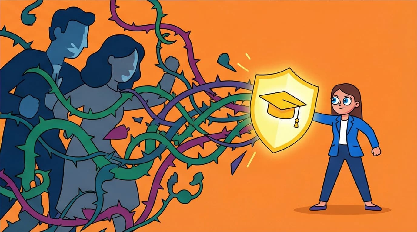 An image representing the theme of family conflict and gaslighting in Educated, where a character uses her knowledge to shield herself from manipulation.