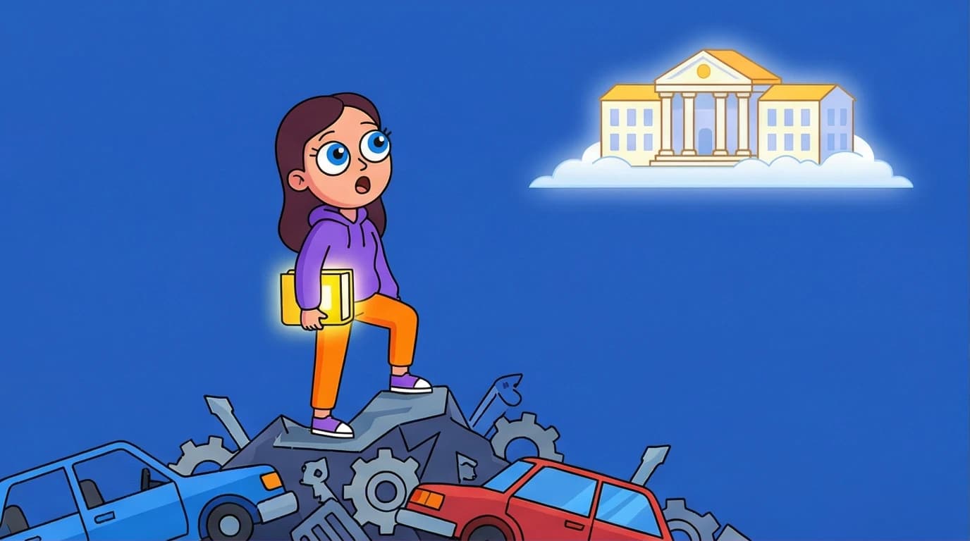 An illustration symbolizing the Educated Tara Westover summary, showing a woman's journey from a rural mountain to a prestigious university, representing the core theme of self-invention.