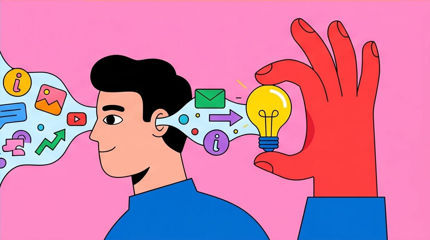 A person actively capturing a single bright idea from a stream of information, illustrating effective listening techniques for self-improvement podcasts.