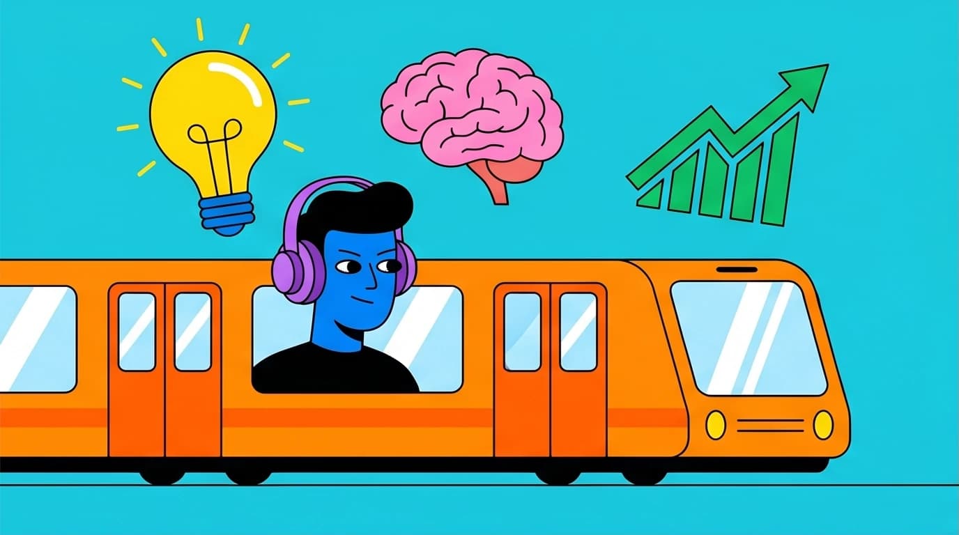 An illustration of a person on a train gaining knowledge from a self-improvement podcast during their commute, with brain and lightbulb icons outside.