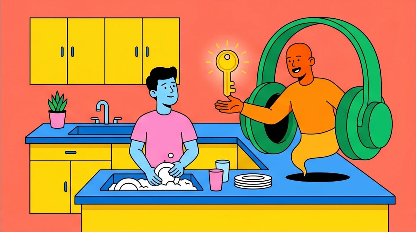 A person multitasking receives a key of insight from a mentor figure emerging from headphones, showing the benefits of learning podcasts.