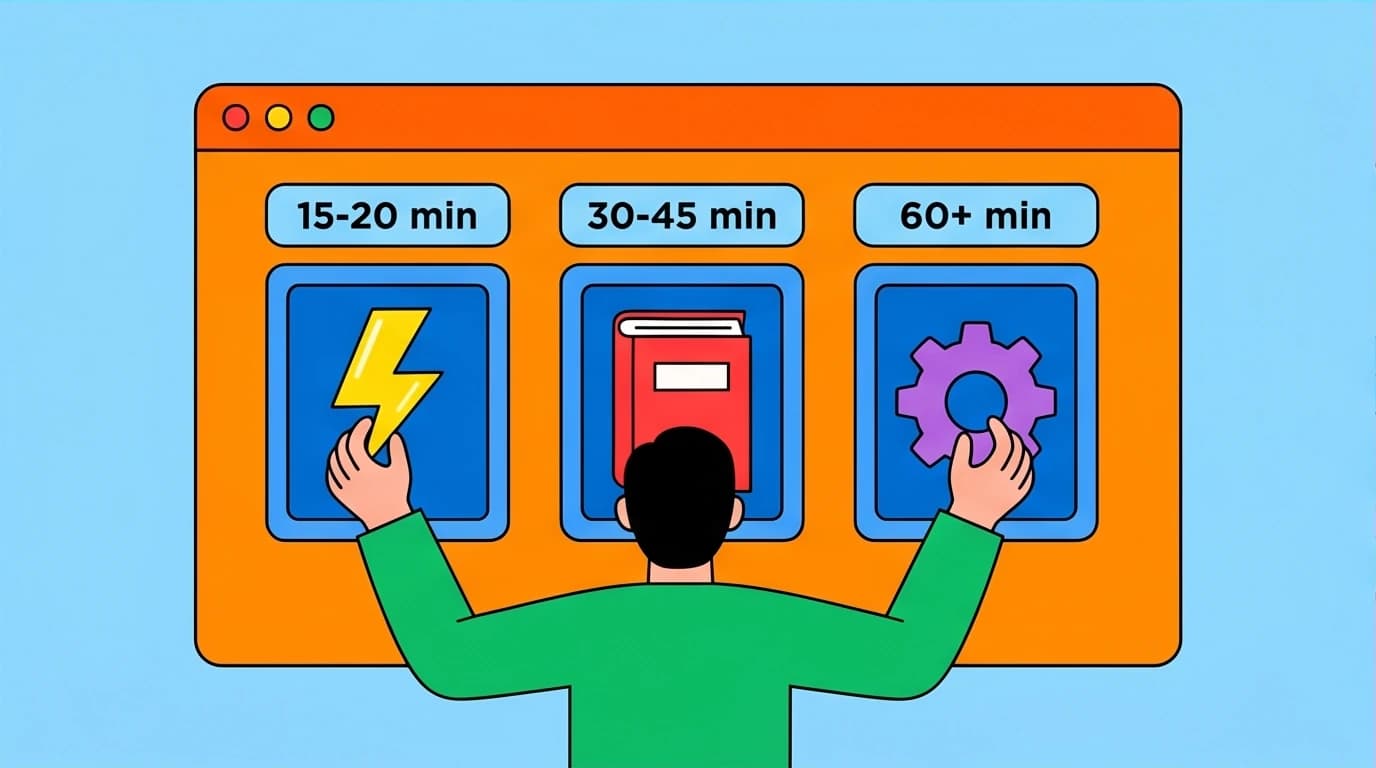 A character organizes different types of knowledge podcasts into time-based categories, symbolizing choosing the right show for their commute.
