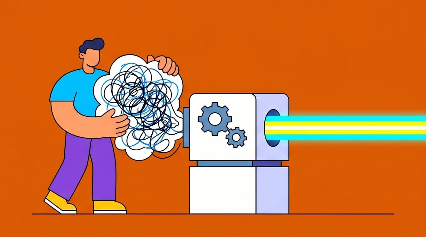 An illustration of a person turning a tangled mess of ideas into a clear, straight path, representing effective goal setting frameworks.