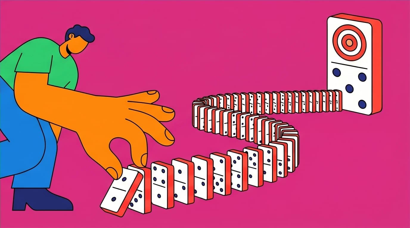 A person focusing on setting up small dominoes (leading indicators) that lead to a large final outcome, a key goal setting technique.