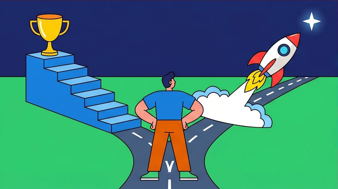 A visual comparison of OKR vs SMART goals, with one path as a steady staircase and the other as a rocket ship launching to a star.
