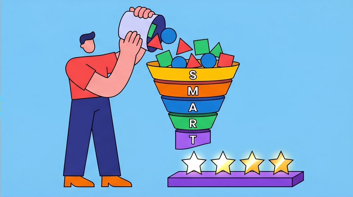 An illustration of the SMART goals framework, showing chaotic ideas being filtered through a funnel to create clear, actionable targets.