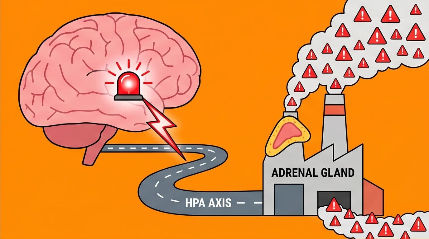 A diagram showing how the brain's HPA axis triggers the fight-or-flight response during periods of chronic stress.