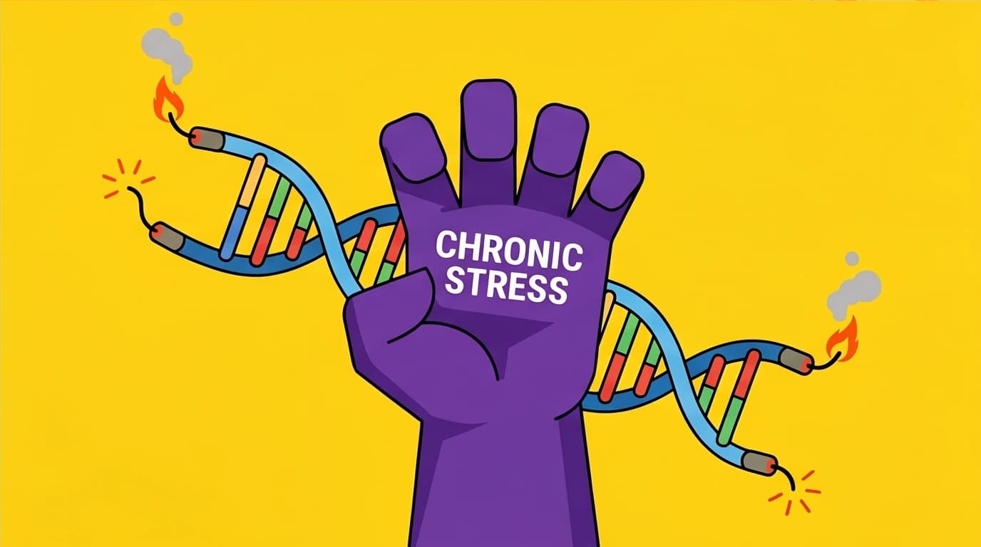 Concept art of chronic stress shortening telomeres on a DNA strand, representing the long-term effect of accelerated aging.