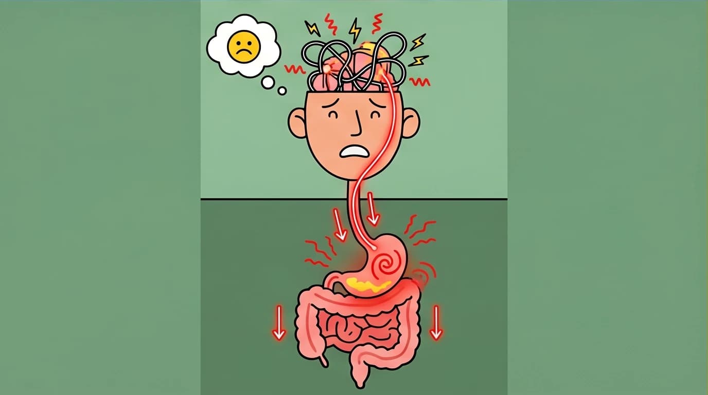 Visual of the gut-brain axis, highlighting how chronic stress disrupts the digestive system and causes inflammation.