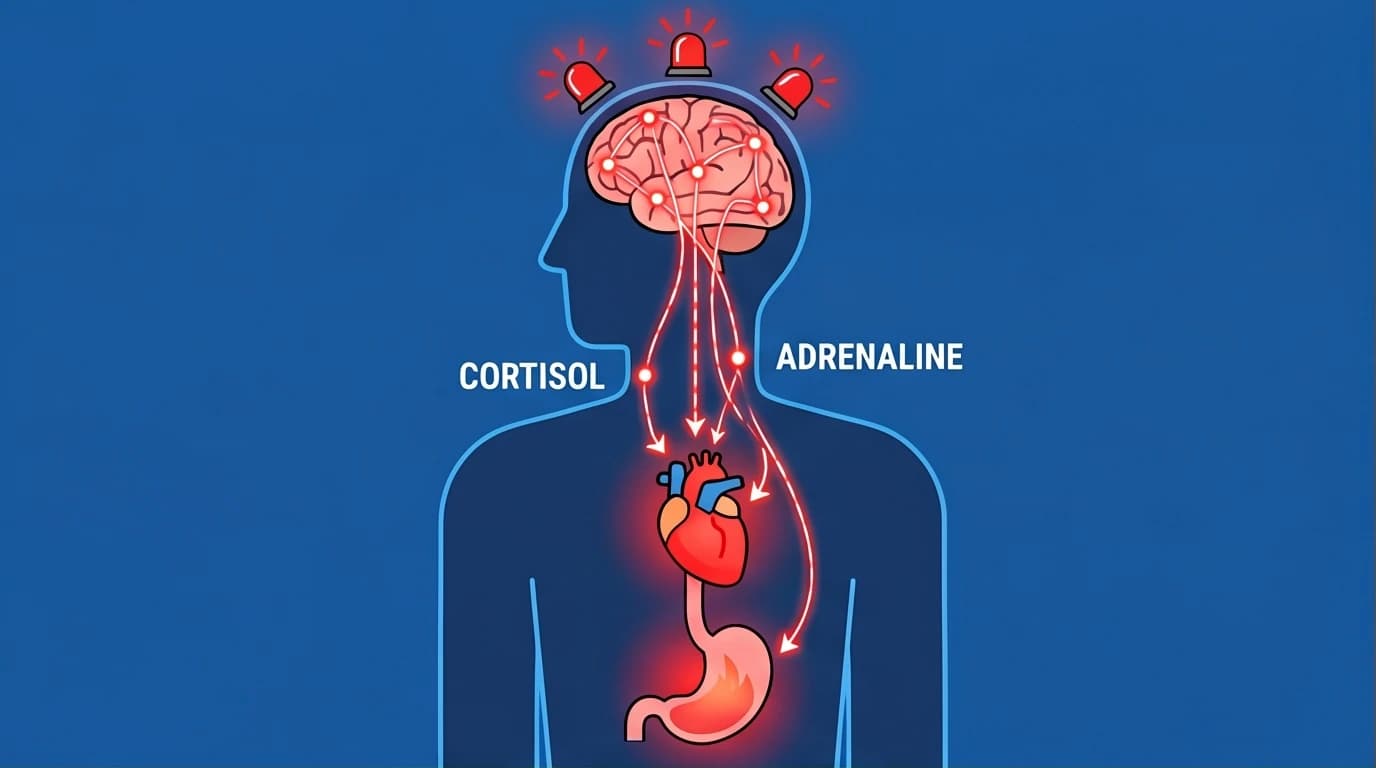 Illustration of the effects of stress on the body, showing the brain sending cortisol and adrenaline signals to organs.