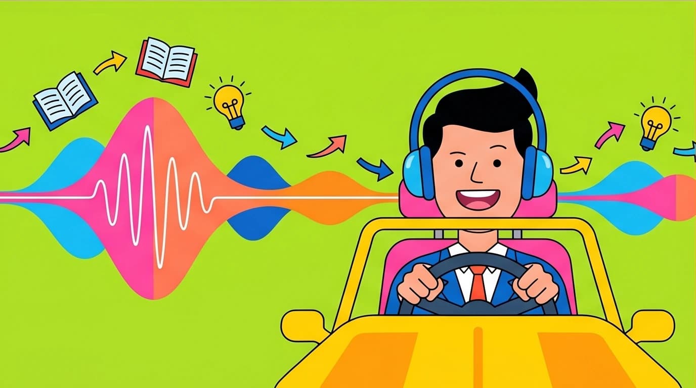 A person using audio learning apps while driving to efficiently learn new skills and supercharge their self study methods.