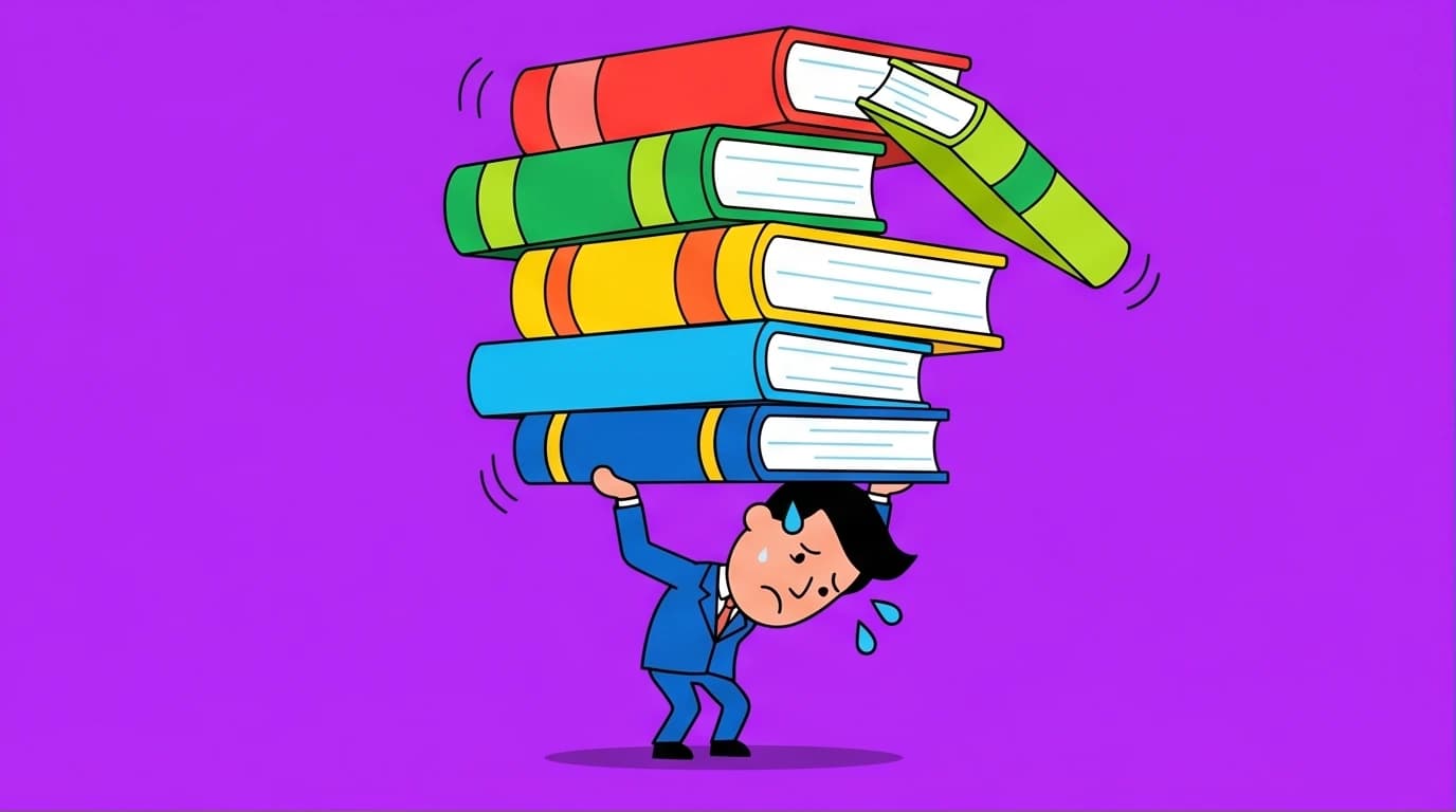 A busy adult overwhelmed by a stack of books, illustrating the challenge of finding efficient ways to learn new skills.