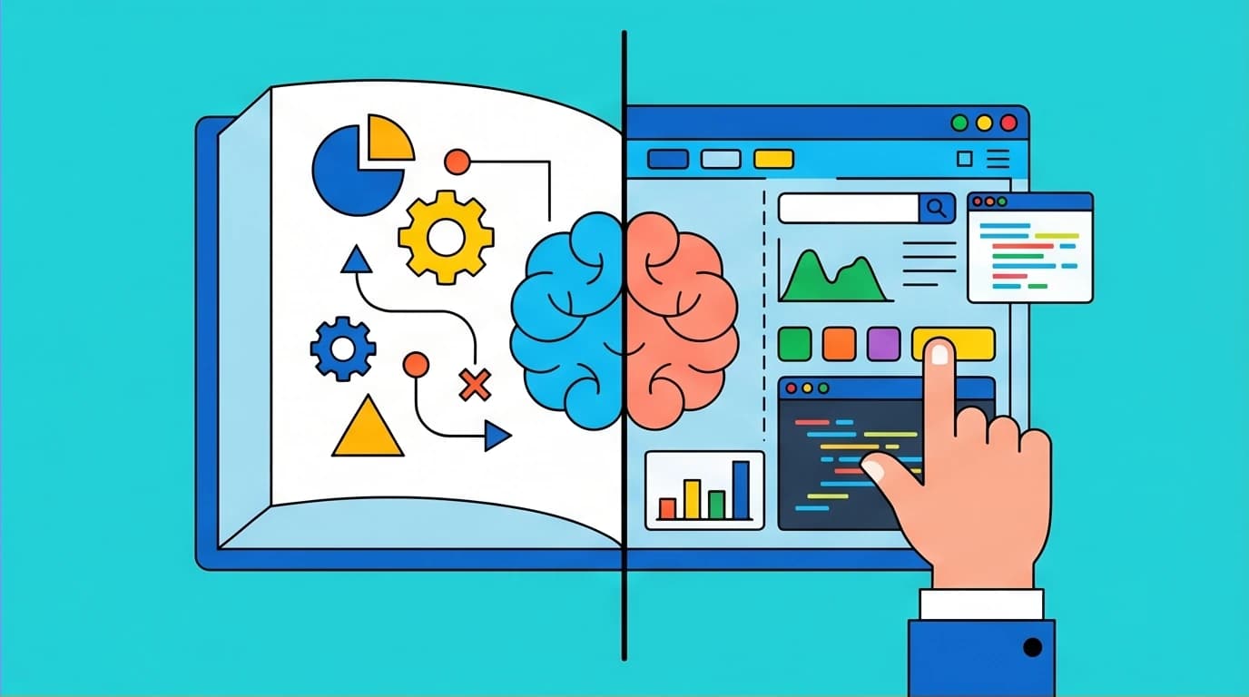 Comparing learning formats: a brain for conceptual book knowledge versus a hand for tactical software skills to learn fast.