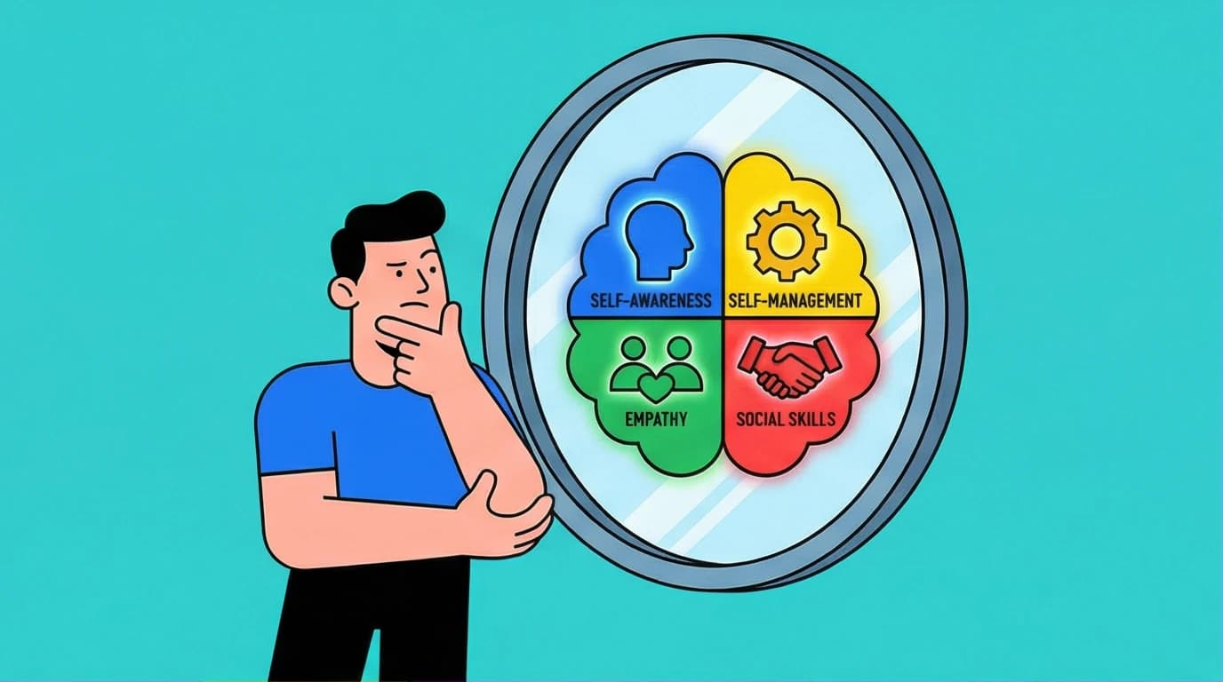 An illustration of a person examining their brain's four quadrants in a mirror, representing an emotional intelligence test for improving EQ and relational skills.