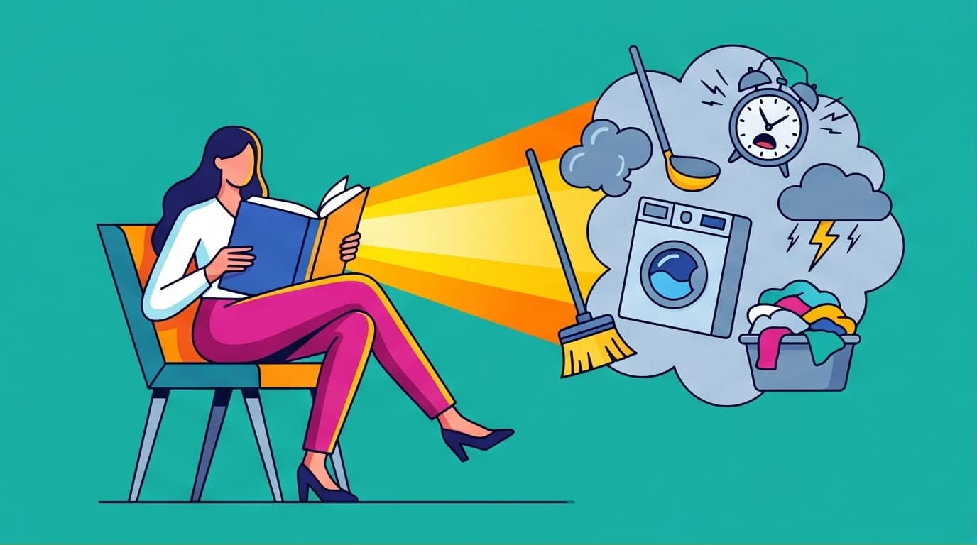 Illustration of a mom gaining power and resilience by reading one of the best empowering books for personal growth, blocking out daily stress.