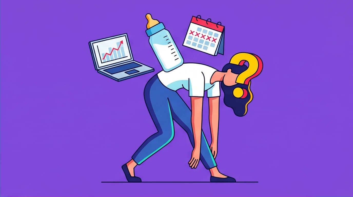 A mother experiencing an identity crisis, symbolized by a question mark for a face while juggling work and family life before personal growth.