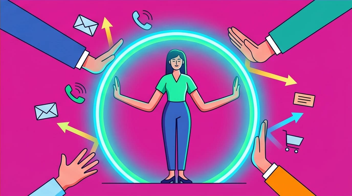 A woman practices a key lesson from personal growth books for moms: setting healthy boundaries to find peace and protect her energy.